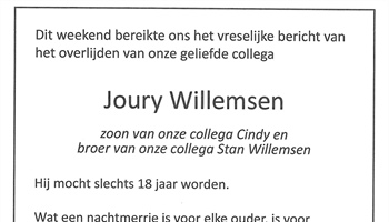 Overlijden geliefde collega Joury Willemsen
